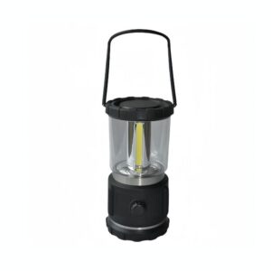 Black and clear portable LED lantern with a carry handle, cylindrical shape, round base, and control knob.