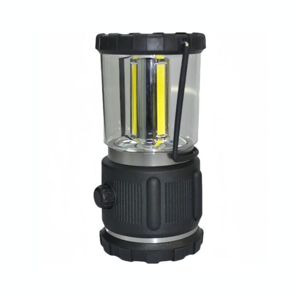 A black and clear LED camping lantern with a handle and adjustable brightness knob.