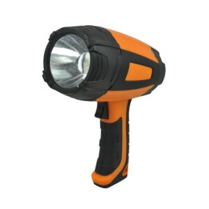 Orange and black led portable spotlight with a large lens and ergonomic grip.