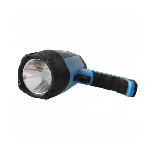 A black and blue handheld flashlight with a large circular lens on a plain white background.