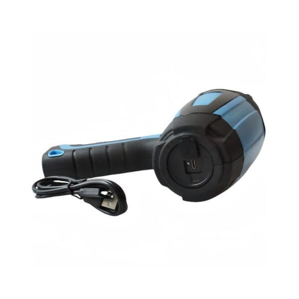 Black and blue rechargeable flashlight with USB charging port and cable.