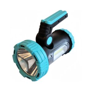 A blue and black spotlight flashlight rechargeable with an adjustable handle and prominent lens.