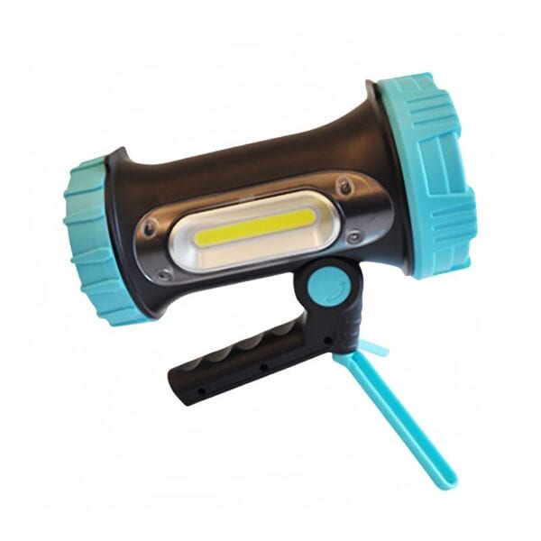 Black and turquoise LED flashlight with handle and foldable stand against white background.