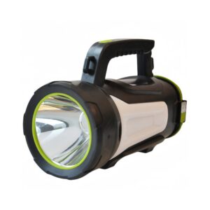 A black and white usb rechargeable spotlight with a large front lens and green handle accent.