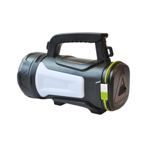 A portable black-and-white lantern with a handle and side charging port.