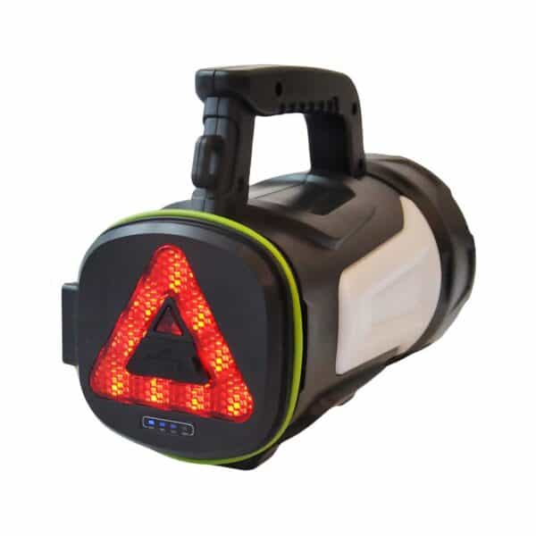 Portable black and gray flashlight with handle and triangular red LED warning light.
