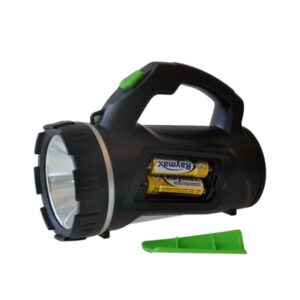 Black flashlight with green button, open battery compartment showing AA batteries, and nearby green battery cover.