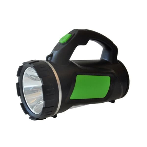 A black and green handheld flashlight with a front lens and top handle.