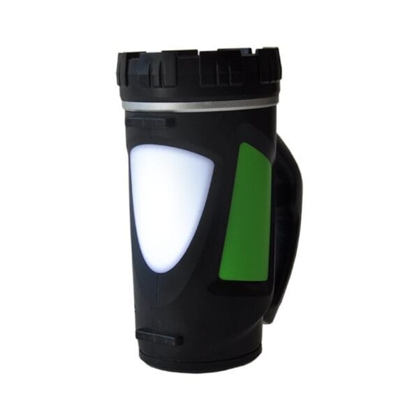 A black and green thermos with a handle and a silver band at the top.