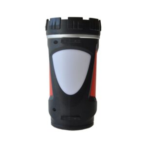 A small rechargeable spotlight. Black and red cylindrical flashlight with a white lens and a notched black top.