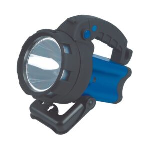 A blue and black handheld flashlight with a large lens, ergonomic handle, and base stand.