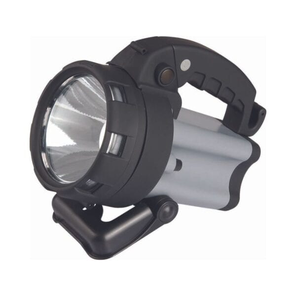 A black and gray handheld spotlight with a large lens and sturdy handle.