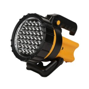 A 15 million candlepower handheld rechargeable spotlight with a large LED array and handle.