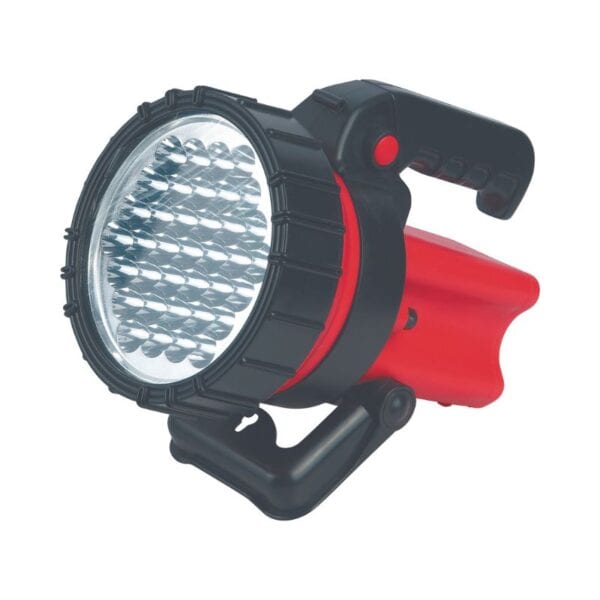 A red and black handheld flashlight with an adjustable handle and large round lens.