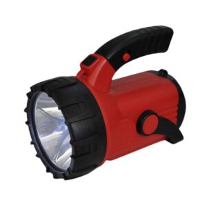 Red and black most powerful handheld flashlight with a clear lens and carrying handle.