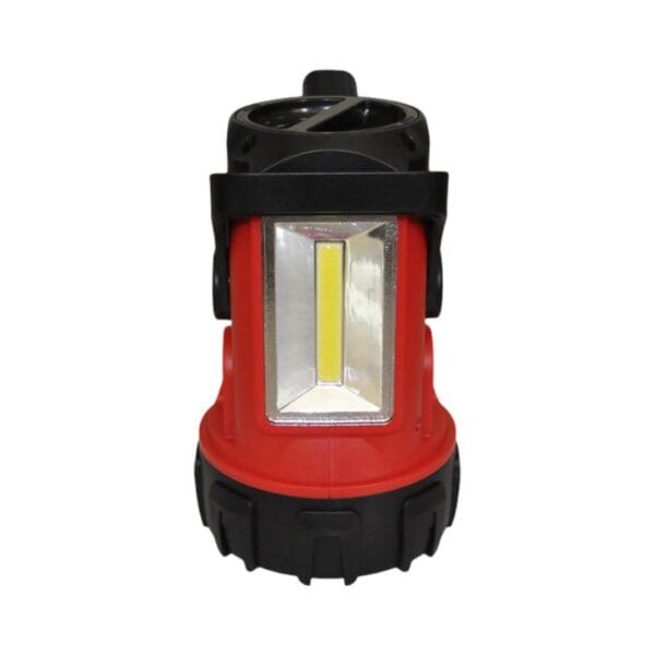 A red and black LED lantern with a rectangular light panel and a top carry handle.