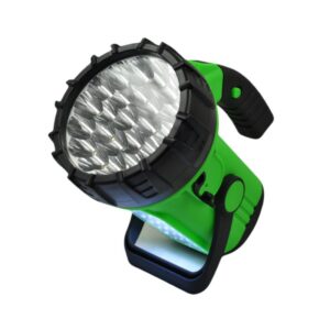 A green and black power rechargeable spotlight with a large lens and ergonomic handle.