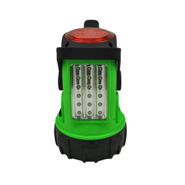 Green and black LED flashlight with a red indicator light on top.