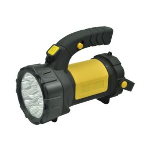 A black and yellow powerful spotlight flashlight with multiple LED bulbs.