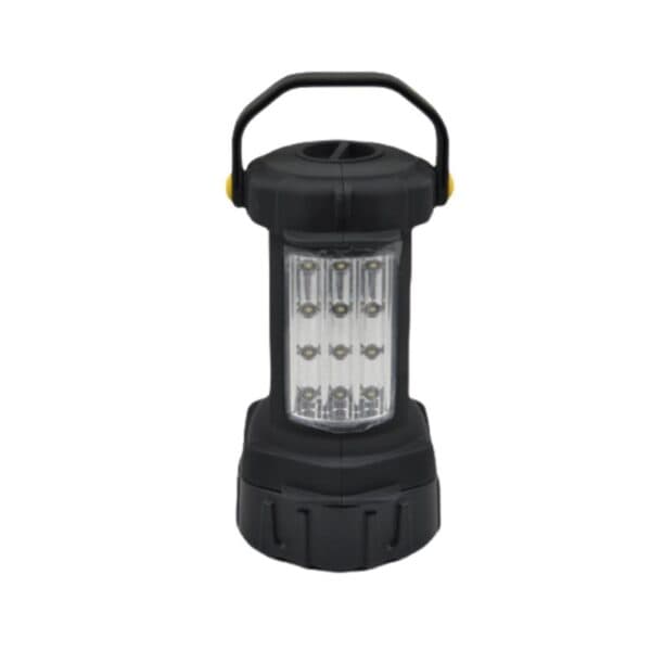 A black cylindrical LED camping lantern with a top handle and visible LED lights inside.