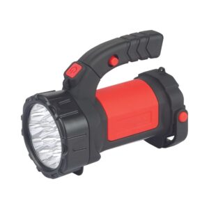 A black and red rechargeable outdoor spotlight with an ergonomic handle and large front lens.