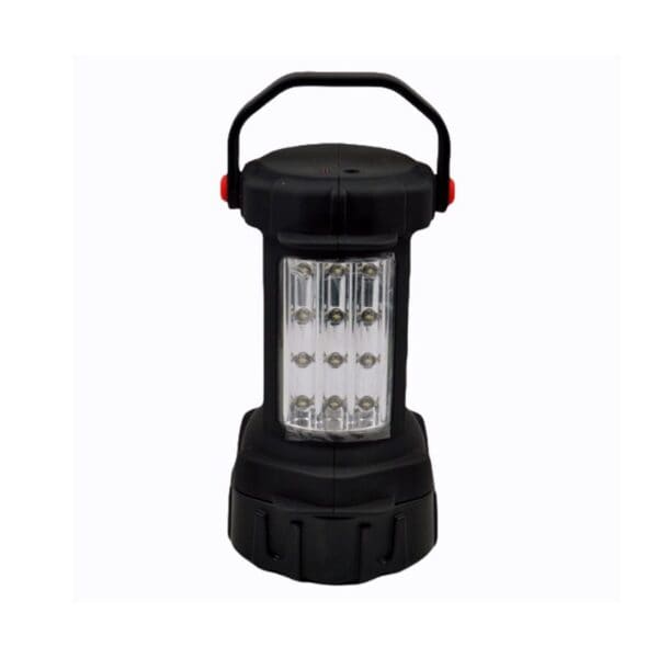 A black portable LED lantern with a handle and rectangular LED panels.