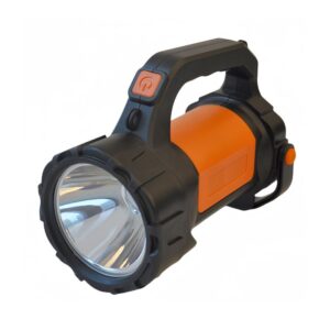 An orange and black brightest rechargeable spotlight with a large lens and sturdy handle.
