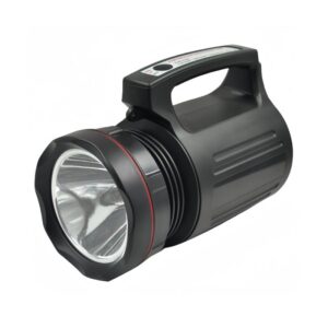 A black best rechargeable led spotlight with a large lens, top handle, and power switch.