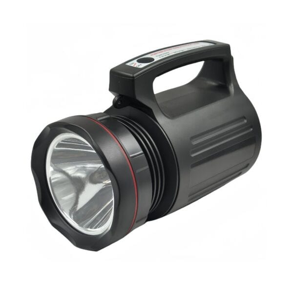 A black best rechargeable led spotlight with a large lens, top handle, and power switch.