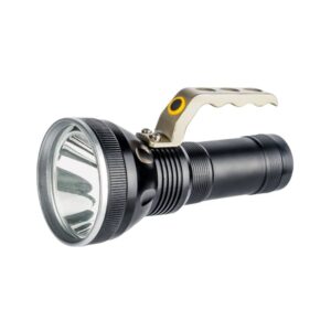 A black flashlight with handle, large reflective lens, and heavy-duty grip.