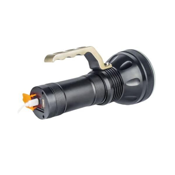 A black flashlight with a brass handle and USB charging port at the end.
