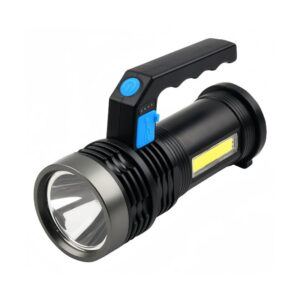 A black and silver best handheld flashlight with an ergonomic handle and blue buttons.