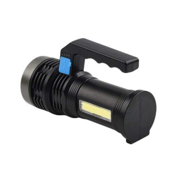 A black handheld flashlight with a side LED strip and a blue top switch.