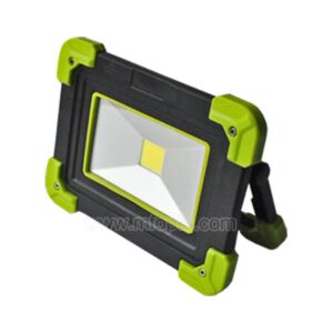 A portable LED work light with an adjustable black and green stand.