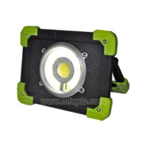 A black LED work light with green corner protectors and a central circular light. Partial website "www.mfopto.com" visible at the bottom.