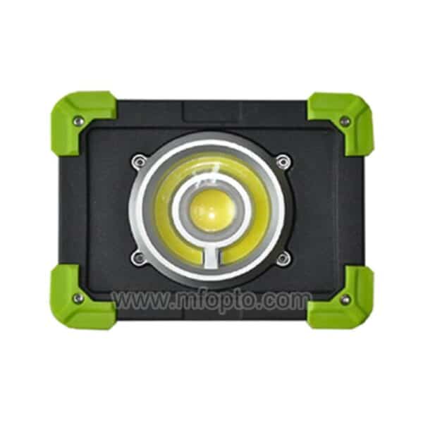 A portable LED work light with a black and green casing and a central circular light.