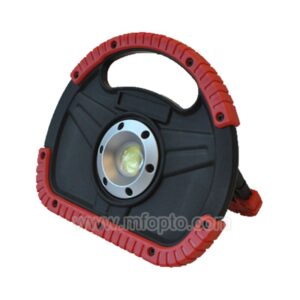A black and red portable LED work light with a handle, ideal for various work environments.
