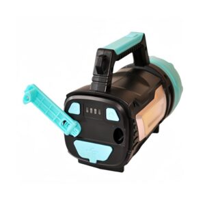 A black and teal portable outdoor spotlight camping lantern with a handle on top and a retractable hook at the base.