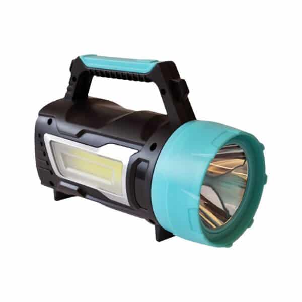 A black and teal handheld flashlight with a large lens and built-in side lamp.