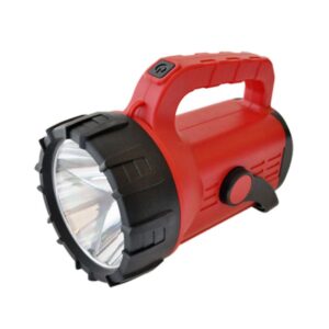 A red rechargeable handheld led spotlight with a black rim and side switch.