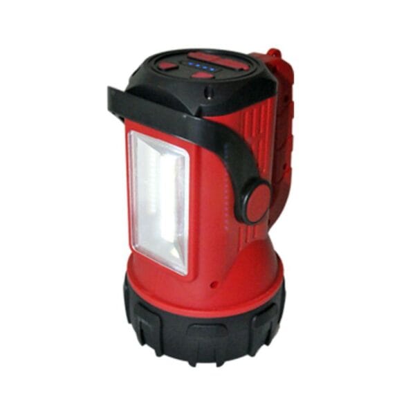 A red and black rechargeable handheld lantern with a front-facing light panel and handle.