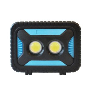 A rectangular blue and black flashlight with two central round LED lights.
