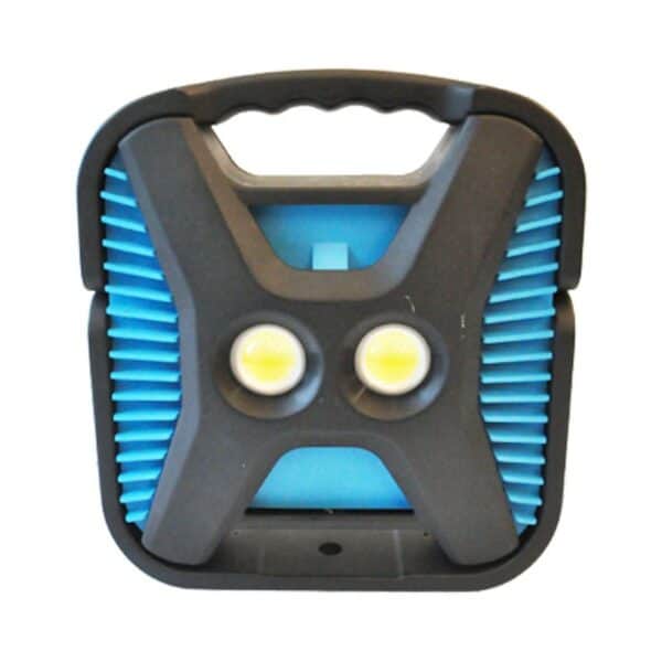 A black square LED work light with handle, two circular lights, and blue side panels.