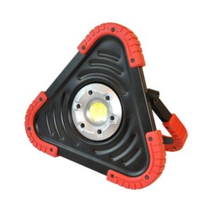 A triangular portable work light with a central LED and red-accented corners and handle.