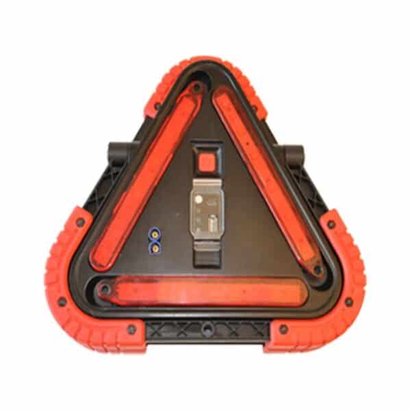 A triangular emergency warning light with red borders and control panels.