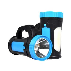 Two handheld flashlights, black and blue: one upright showing its lens, the other lying down displaying its side panel.