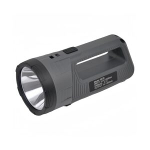 Gray handheld waterproof rechargeable spotlight with black grip, on/off switch, and strap.
