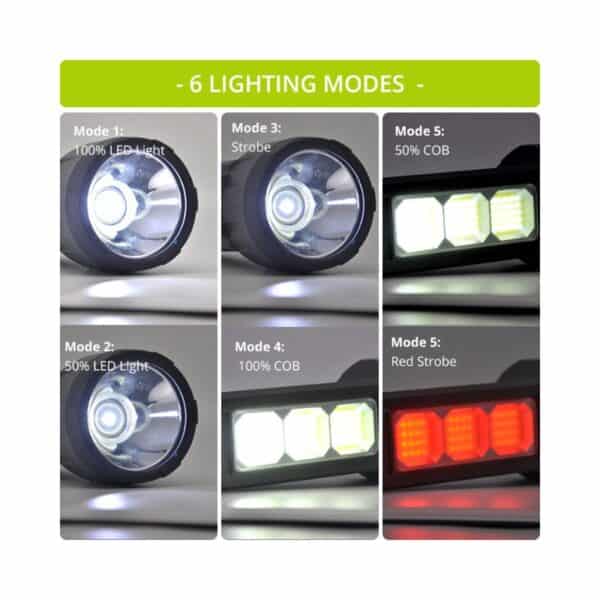 A chart shows six flashlight modes: 100% LED, 50% LED, strobe, 100% COB, 50% COB, and red strobe with respective outputs.
