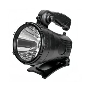 A black, heavy-duty handheld spotlight flashlight with a large reflective lens, ergonomic handle, and pivoting base.