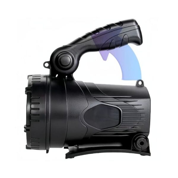 Black handheld spotlight with cylindrical body and carrying handle, side view.